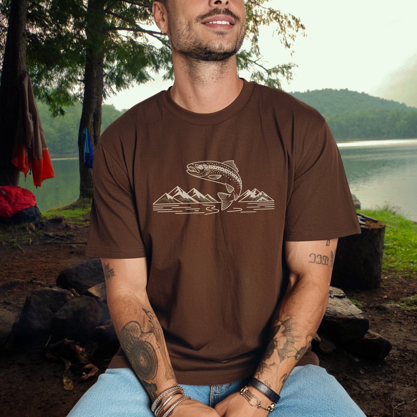 Trout and Mountain Outline Fishing Tee
